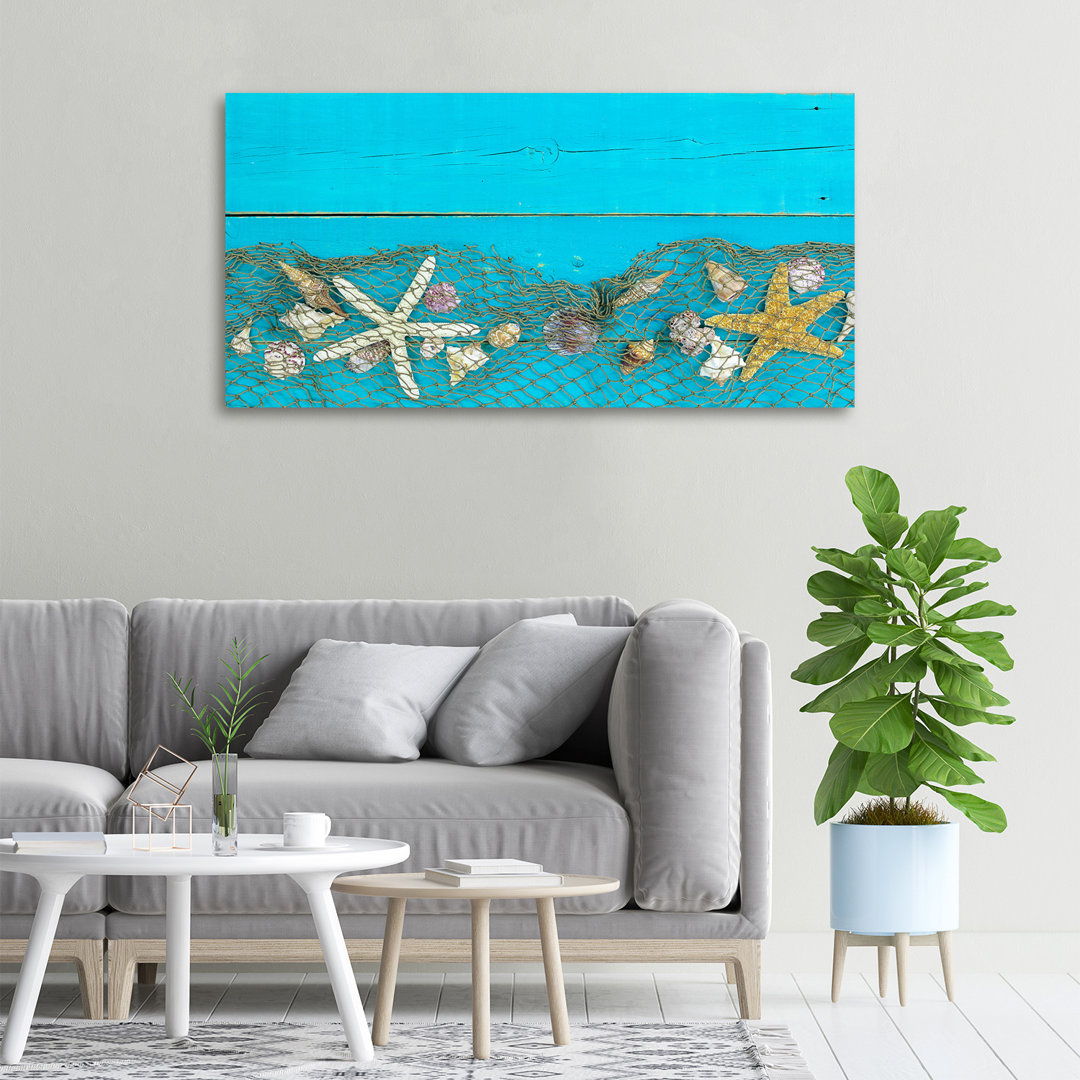 Leinwanddruck - Wandkunst - Drucke auf Leinwand - 100X50 Bildmotiv: Seesterne und Muscheln