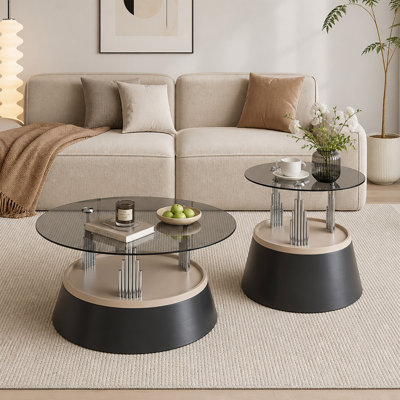 Table basse ronde moderne avec comptoir en verre, ensemble de tables basses emboîtables, table basse ronde convenant au salon et au bureau personnel, table basse de style industriel