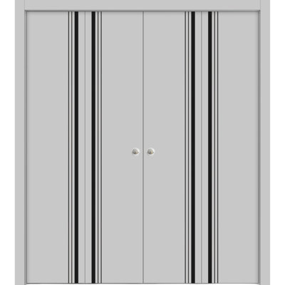 Portes coulissantes doubles pliantes pour placard 96 po x 80 po (4 x 24 x 80 po) Planum 0011 Gris mat, rails robustes, moulures, garnitures, quincaillerie, bois massif, portes de placard de chambre