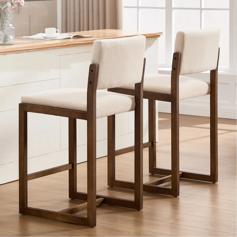 Ensemble de 2 tabourets de bar rembourrés en lin avec tabourets de bar en bois massif, Beige Linen, 2, Brown
