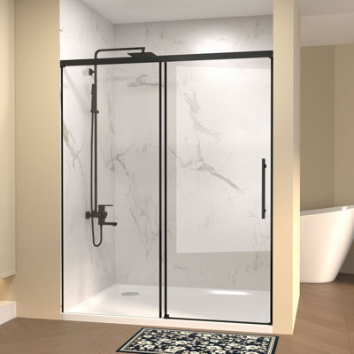 60" W × 72" H Single Sliding Shower Door,5Mm Fixed Glass And 6Mm Sliding Glass Frameless , Clear Tempered Glass, Stainless Steel Handle