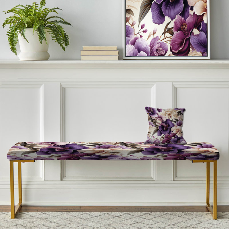 Upholstered Gold Bench, Orchid Oasis Tropical Pattern