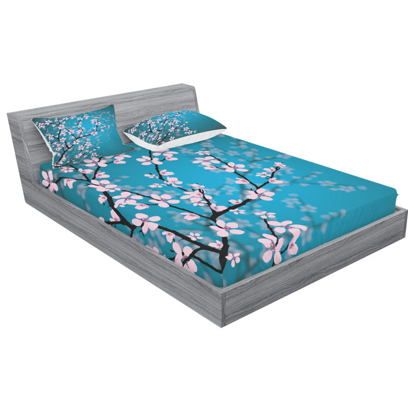 Japanese Microfiber Floral Sheet Set, Full Sheet Set + Fitted Sheet + 2 Pillowcases