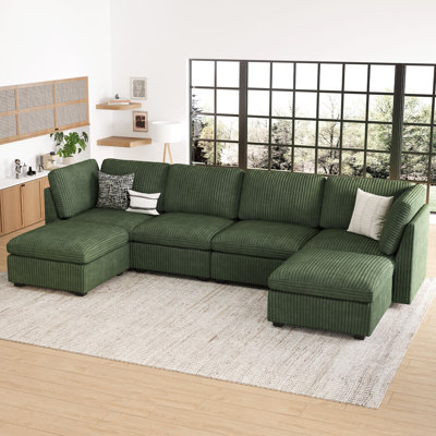 Corduroy 131.4'' Wide U-Shaped Sectional Sofa Livingroom Storage Couch With Ottoman Removable Washable Cushion