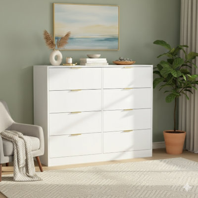 Commode à huit tiroirs pour chambre à coucher, commode de chambre moderne en bois, commode à huit tiroirs, commode haute pour placard, organisateur de commode pour le salon, placard, couloir en blanc.