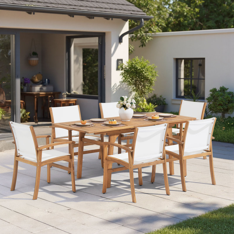 6 - Person Acacia Wood Patio Dining Set With Extendable Rectangular Table, White