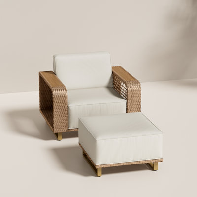 Outdoor Patio Lounge Chair with Ottoman, Woven Open-Frame Arms, 10" Thick Cushion and Water-Resistant Olefin Fabric