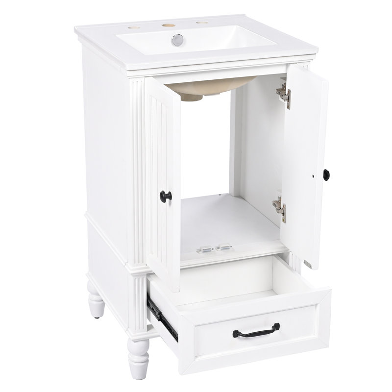 Meuble-lavabo de 20 po au look moderne, armoire blanche, deux portes et un tiroir, poignées en métal noir pour un élément de qualité élégante, évier d'armoire, assure la construction