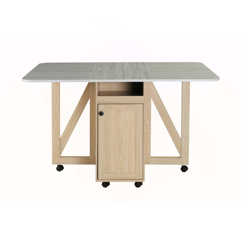 Folding Dining Table with Storage Cabinet & Shelves, Mobile Space-Saving Kitchen Table for Small Spaces