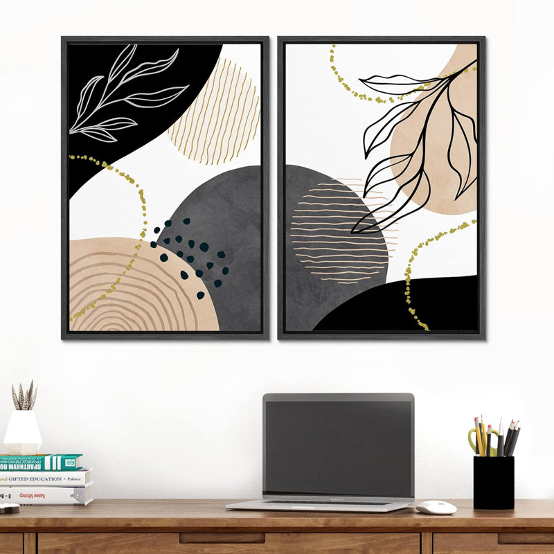 Mid-Century nordique géométrique anneau plantes formes abstraites Art moderne décoration murale bohème 2 pièces, Noir