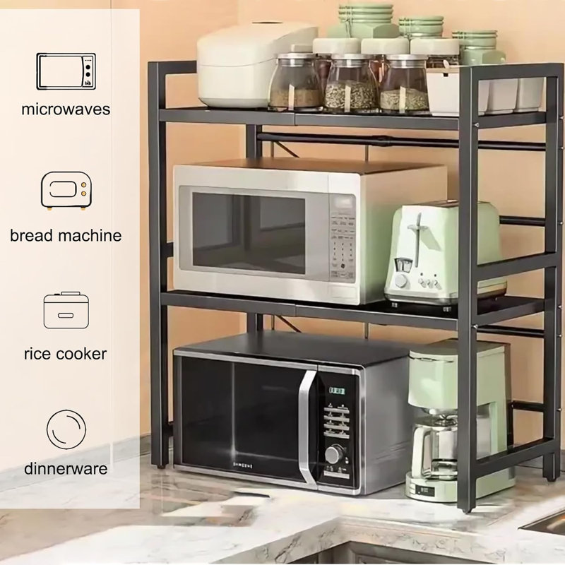 3-Tier Expandable Microwave Oven Rack Adjustable Shelf Stand for Kitchen