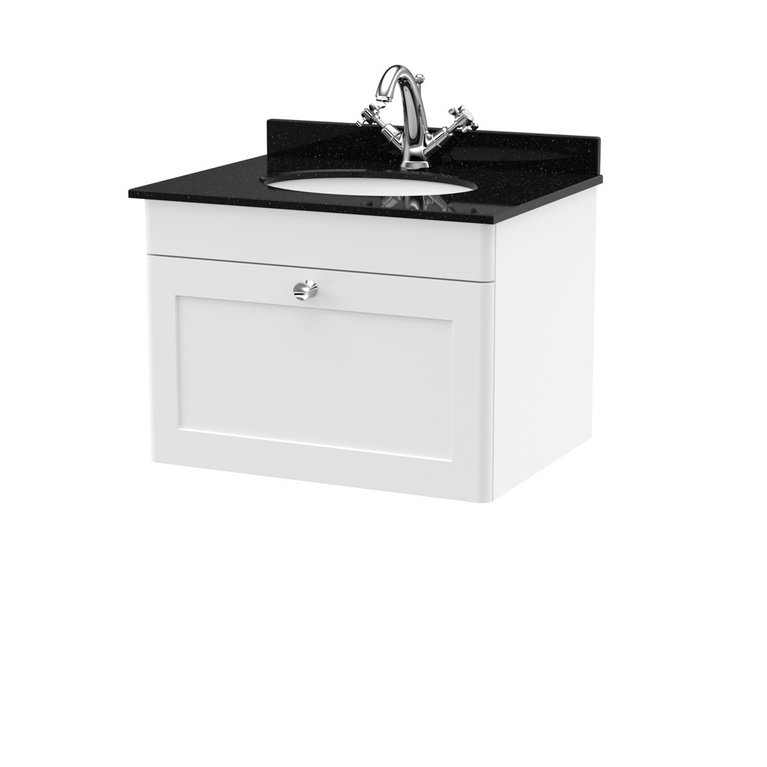 Nuie 600mm Wall Hung Vanity Unit - 1 Drawer - Satin White - Marble Top 1TH - Image 2