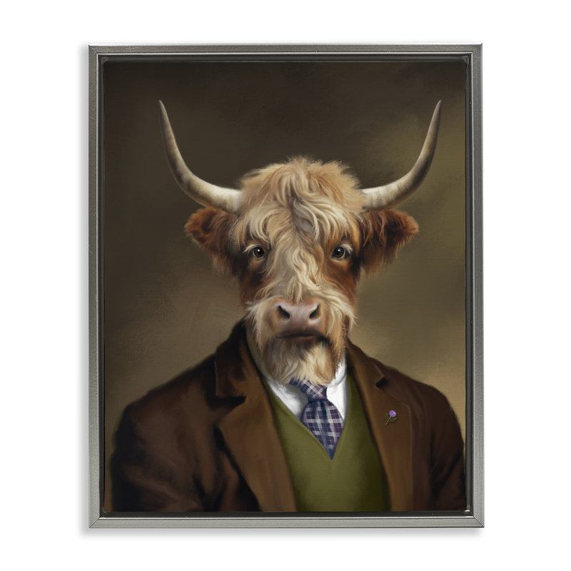 Cadre flottant Highland Cow Scottish Gentleman, design par Matthew Piotrowicz, H 31 po x l 25 po, Cadre flottant gris lustré