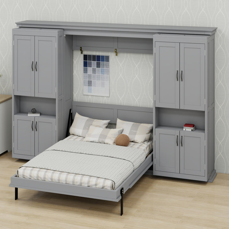 Lit escamotable avec armoires de rangement coulissantes doubles, lit escamotable et tablettes latérales