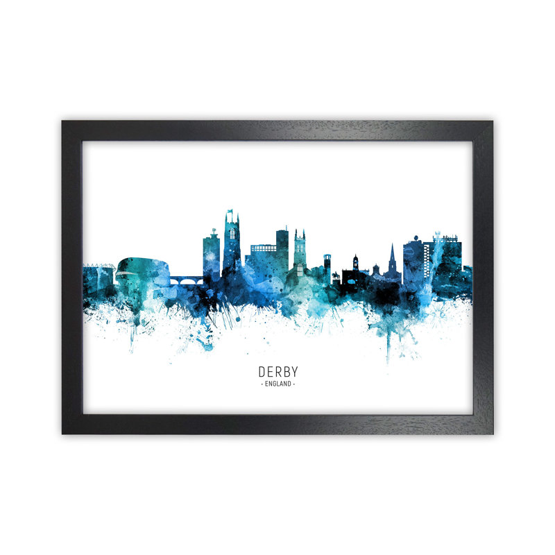 Derby England Skyline Blue City Name by Michael Tompsett - Print, 64cm H x 88cm W x 3cm D, Black Framed