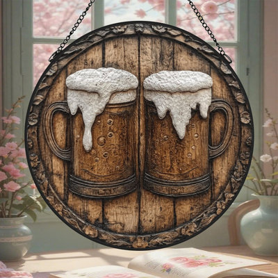 2 Wooden Beer Mugs Stained Glass Panels Suncatcher for Window Decor