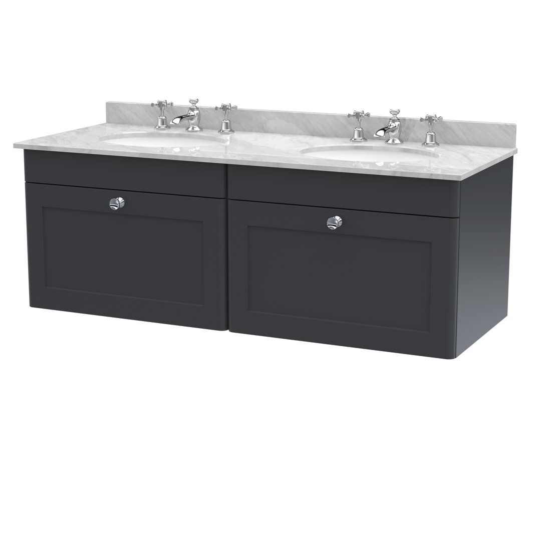 B&Q - Classique Wall Hung 2 Drawer Unit & 3 Tap Hole Grey Marble Top With Oval BasinSink Vanity Unit In Soft Black With White - Image 2