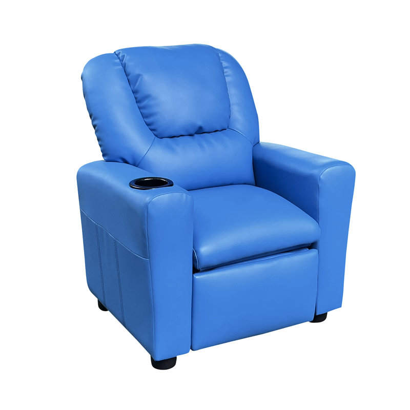 PU Leather Youth Recliner Chair With Cup Holder, Blue Faux Leather