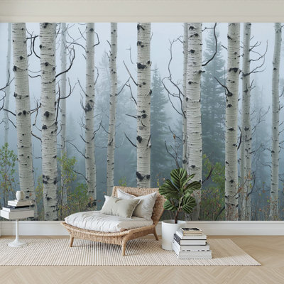 Peel and Stick Wallpaper 96" W x 69" H Modern Self Adhesive Wall Mural for Bedroom Birch tree forest morning fog