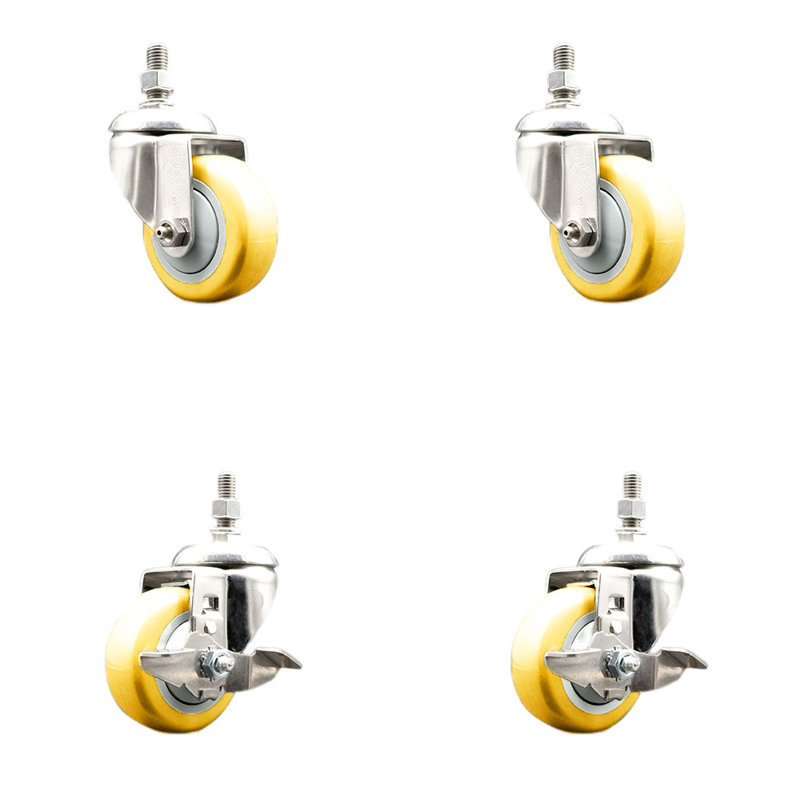Ensemble de 3 roulettes à tige filetée en polyuréthane pivotant de 3 pouces et de 10 mm avec 2 freins
