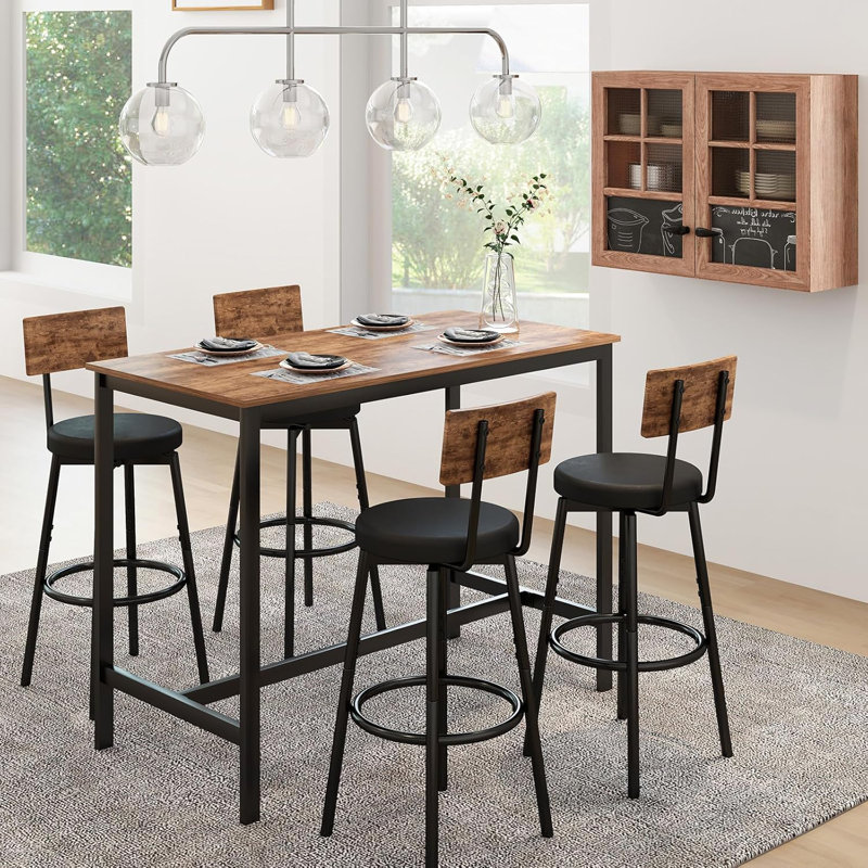 Bar Table Set With 4 Bar Stools PU Soft Seat, Brown/Black