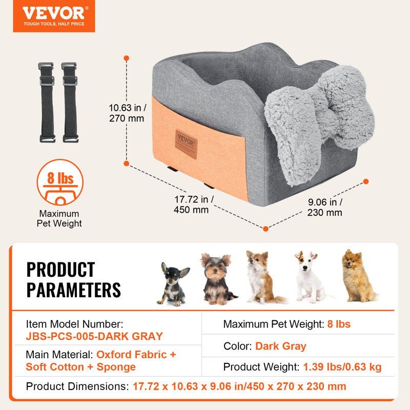 Siège d'auto pour chien avec console centrale pour petit chien 8 lb, Gris