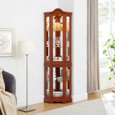 Corner Curio Cabinet With Lights, Adjustable Tempered Glass Shelves, Mirrored Back, Display Cabinet,Walnut(E26 Light Bulb Not Included)