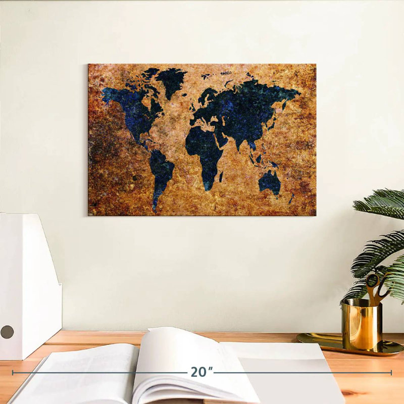 Aliaz Aged Grunge World Map, 8" H x 12" W