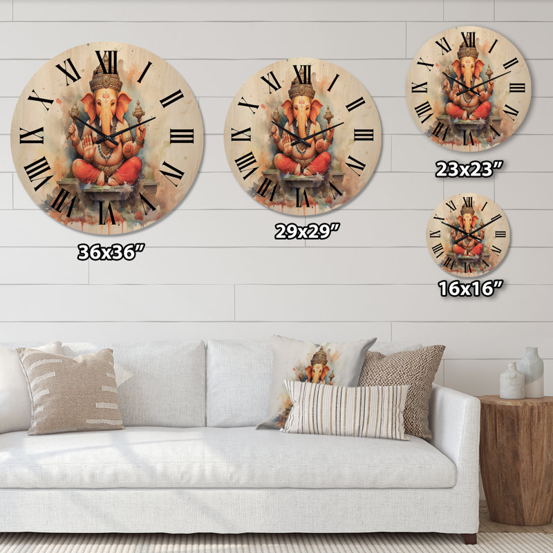 Horloge murale surdimensionnée en bois Vibrant Hinduisim Elephant II, Très grand