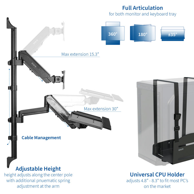 Black Steel Adjustable Wall Mount Workstation