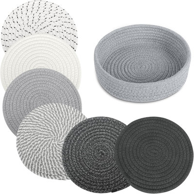 6 Pack 8 Inch Braided Cotton Trivets Heat Resistant Pot Holders with Matching Storage Basket