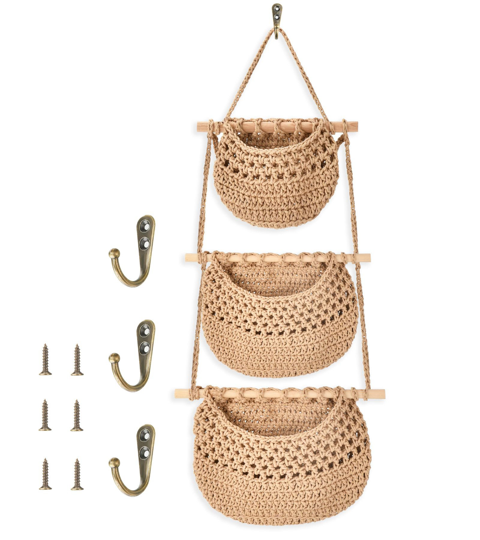 Range-Tout Mural 3 Niveaux Suspendu – Paniers Coton Avec 4 Crochets, Organiseur Porte Chambre Salon Salle De Bain