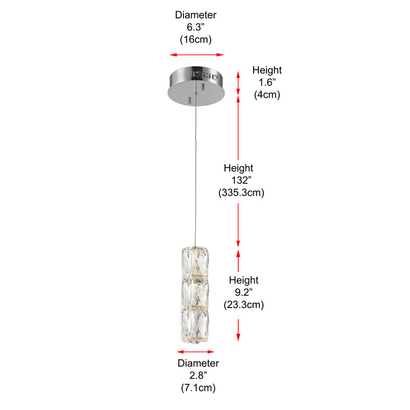 Luminaire suspendu cylindrique à 1 lumière DEL avec détails en cristal Alfee, Chrome