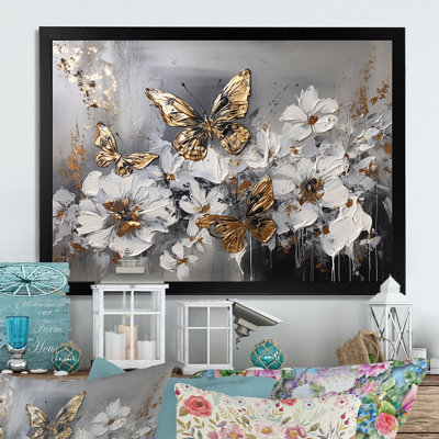 Phillipston Golden White Butterfly Wings And Flowers I - Floral Canvas Prints