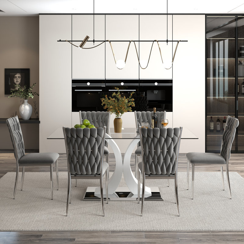 Ensemble de salle à manger moderne en verre, base en métal argenté et chaises en velours 4/6 pour la cuisine et la salle à manger