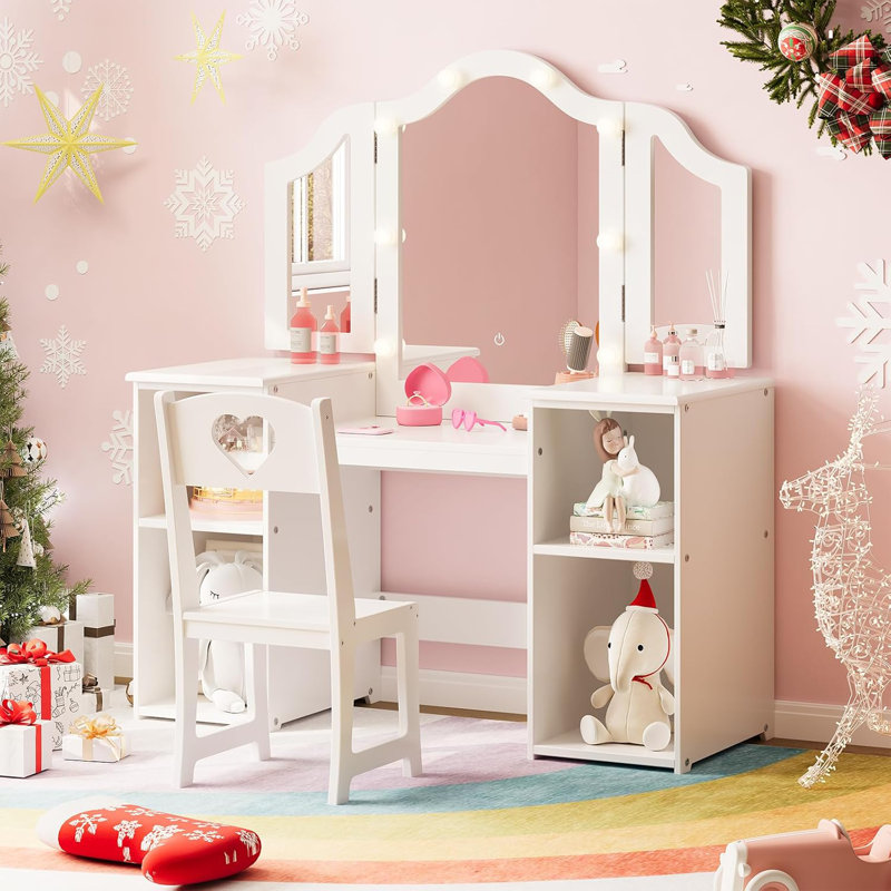 Kids Vanity Table and Chair Set with Lights Princess Vanity for  Makeup Desk with Jewelry Storage White, White