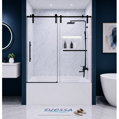 DAQING 56"-60"W x 66"H Frameless Sliding Bathtub Shower Door | 5/16" (8mm) Clear Tempered Glass | Stainless Steel Frame | Matte Black Finish