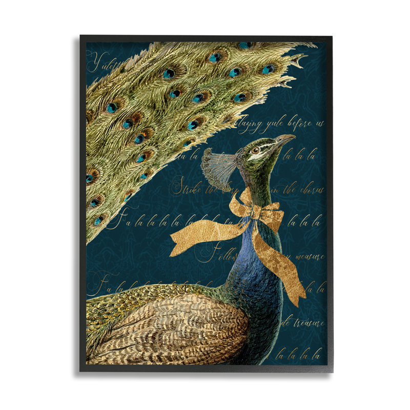Exotic Peacock Vintage Yuletide par Elegant Animal par Daphne Polselli, H 16 po x l 20 po, Giclée encadrée noir minuit