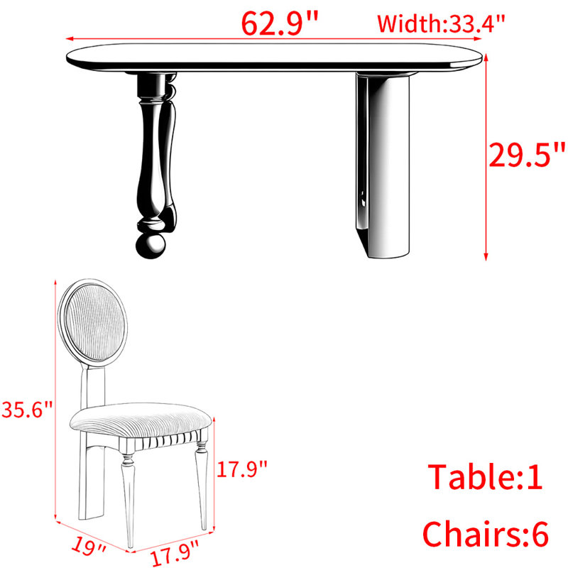 Ensemble de table à manger en bois massif de style français., H 29,5 po x L 62,9 po x l 33,4 po
