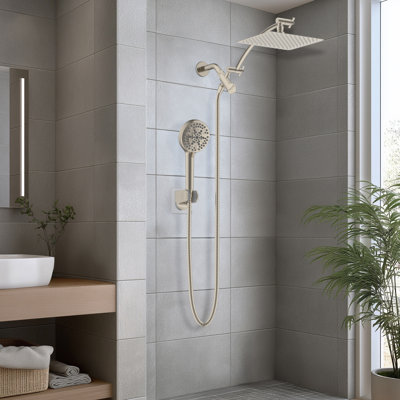 cUPC Certified High Pressure 10-inch Rainfall Shower Head/ Handheld Shower Combo with 10-setting Handheld Sprayer, 12-inch Curved adjustable curved extension arm, 71-inch Stainless Steel Shower Hose, Brushed Nickel