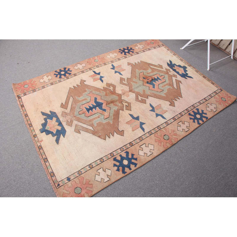 Tapis rétro boho anatolien Oushak beige neutre pour chambre ou salon
