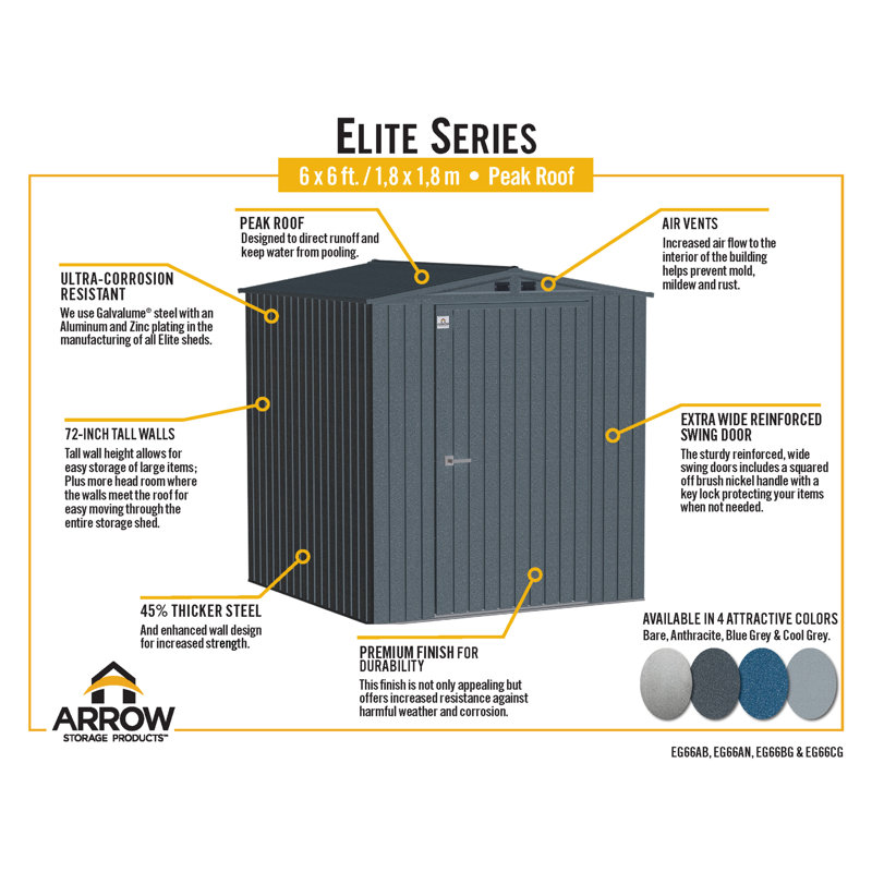 Anthracite Gray 6' x 6' Steel Storage Shed with Double Doors