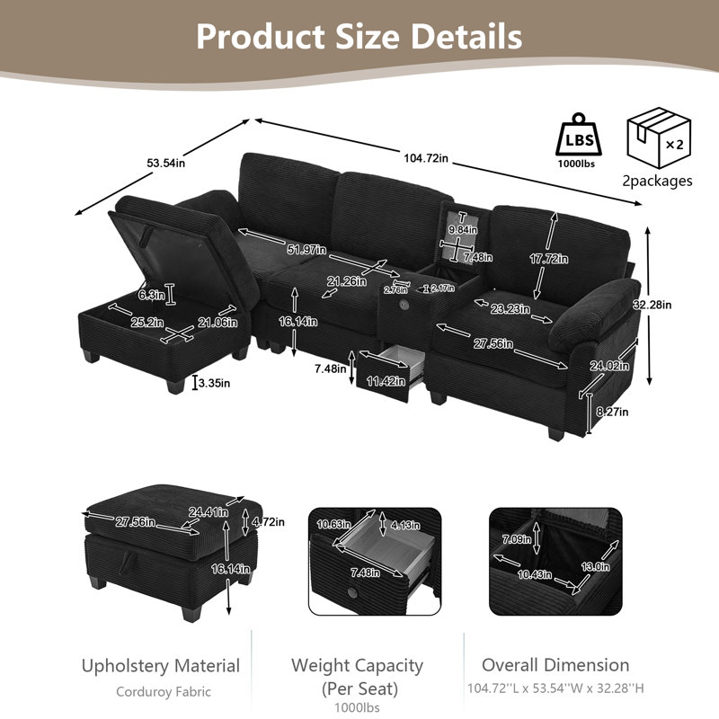 Canapé modulaire en L 4 places en velours côtelé avec console mobile, rangement pour repose-pieds, porte-gobelet USB et recharge, canapé multifonctionnel pour les appartements et les salons