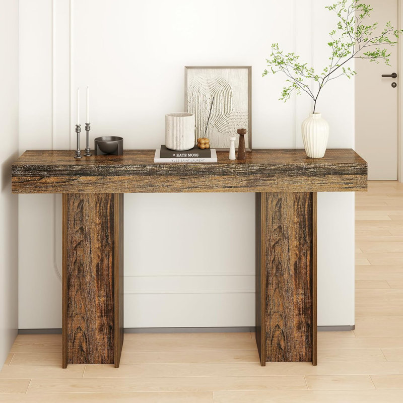 54" Narrow Console Table Sofa Table with Back Hidden Storage, Brown Wood