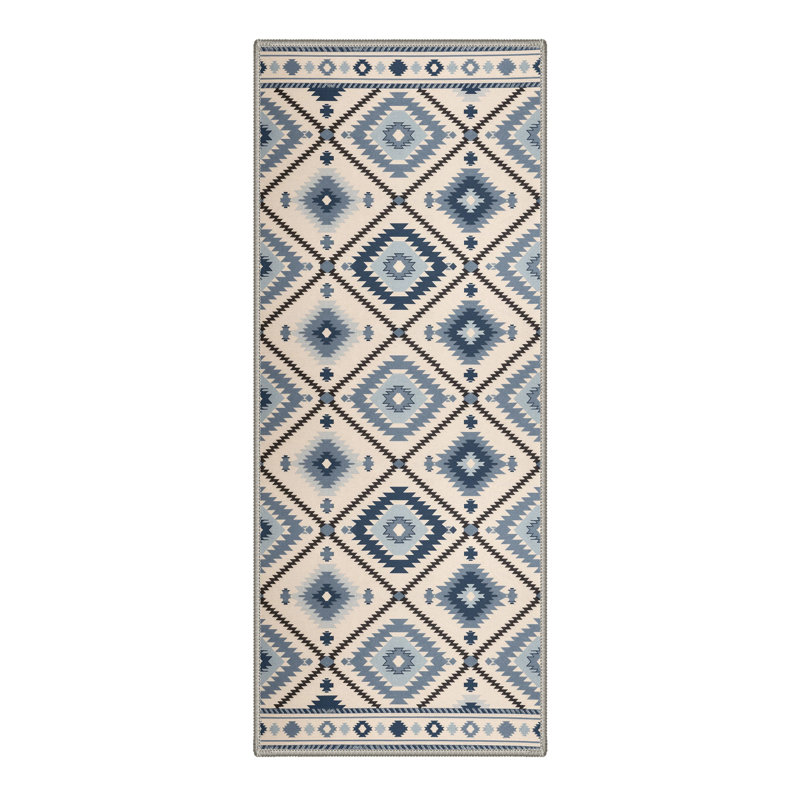 Abrahamson Zephyr Geometric Machine Washable Blue / Beige Indoor Area Rug with Non-Slip Backing, Blue,Beige, Runner 2' x 7'