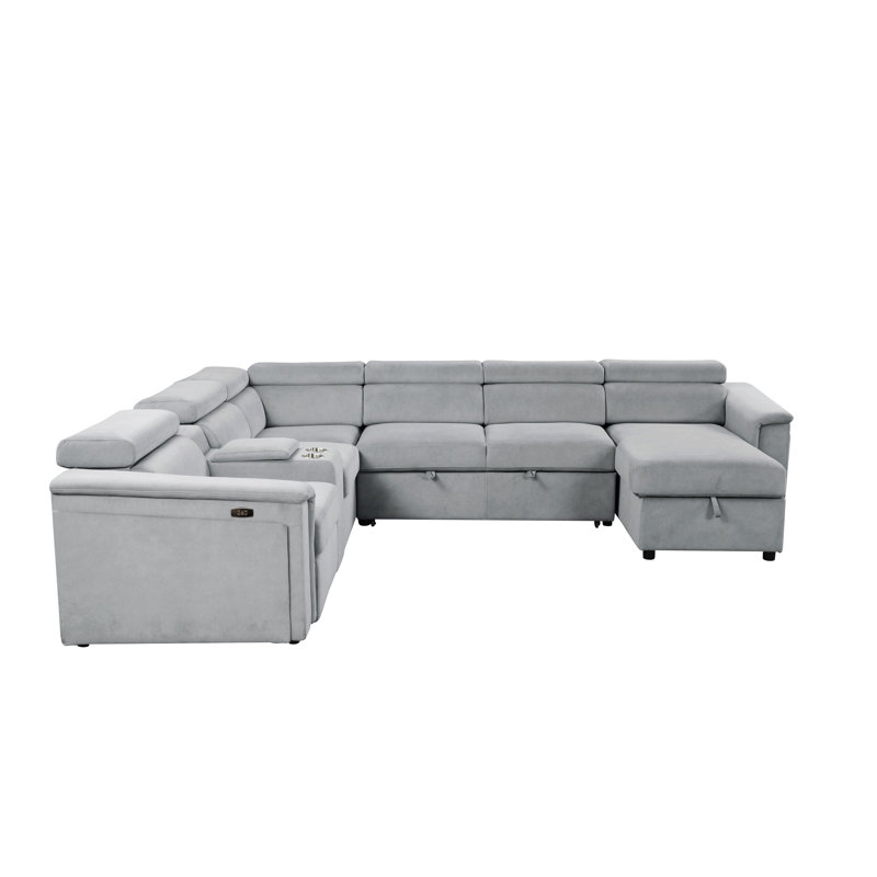 Canapé d'angle convertible en fauteuil inclinable électrique gris moderne, en bois, revêtement haute performance, appuie-tête réglables pour un confort cervical personnalisé, méridienne de rangement pour couvertures et oreillers, accoudoir dissimulé.