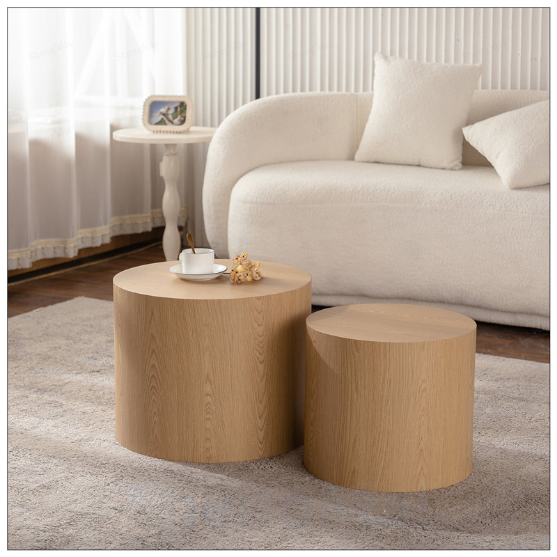 Ensemble de 2 tables basses gigognes rondes modernes en bois pour petit salon et chambre à coucher, écologiques et durables