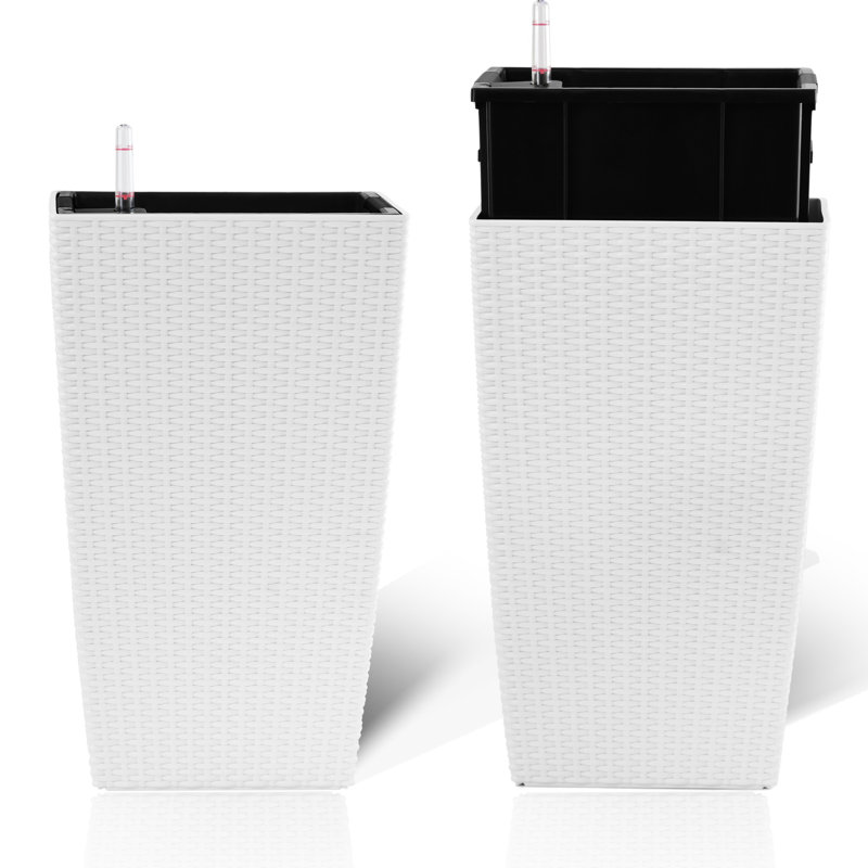 White Square Planter With Automatic Watering Feature For Outdoor Spaces Faux Water Supply Use