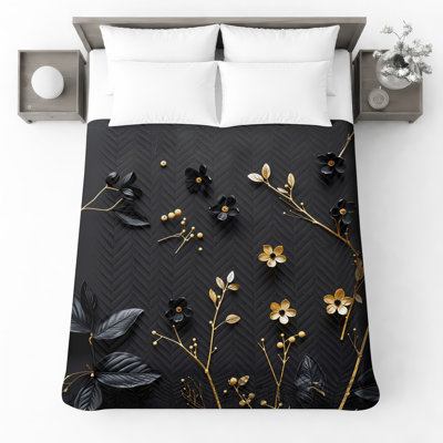 Black Gold Floral Arrangement Quilted Bedspread All Sizes