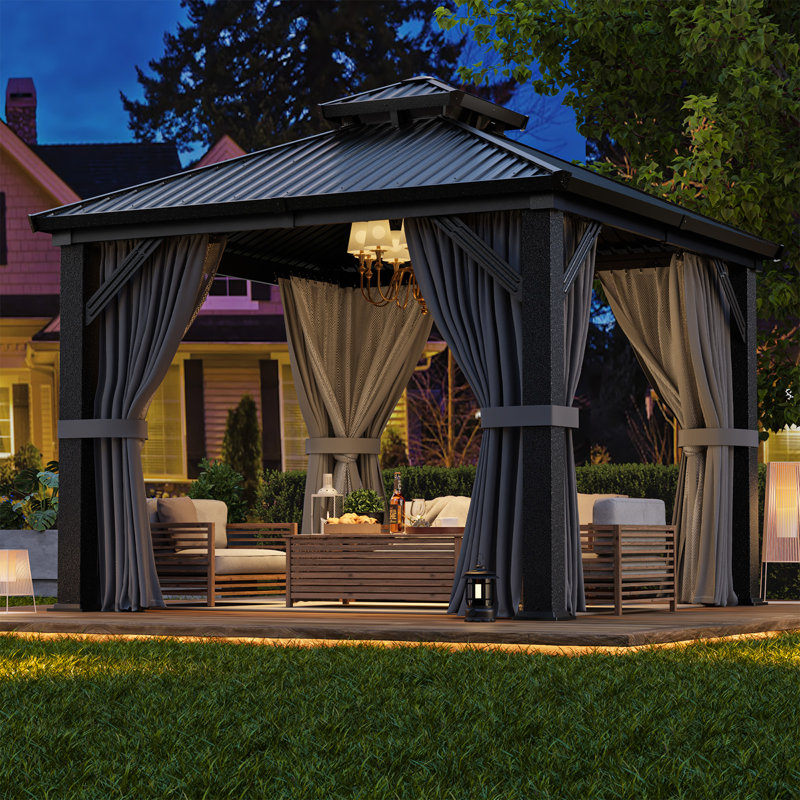  Pavillon de jardin extérieur robuste en aluminium 10 x 10 pi avec toit en acier galvanisé à double couche, pavillon en métal toutes saisons comprenant des rideaux, un filet à mailles et un ensemble d'ancrage pour le patio et la cour